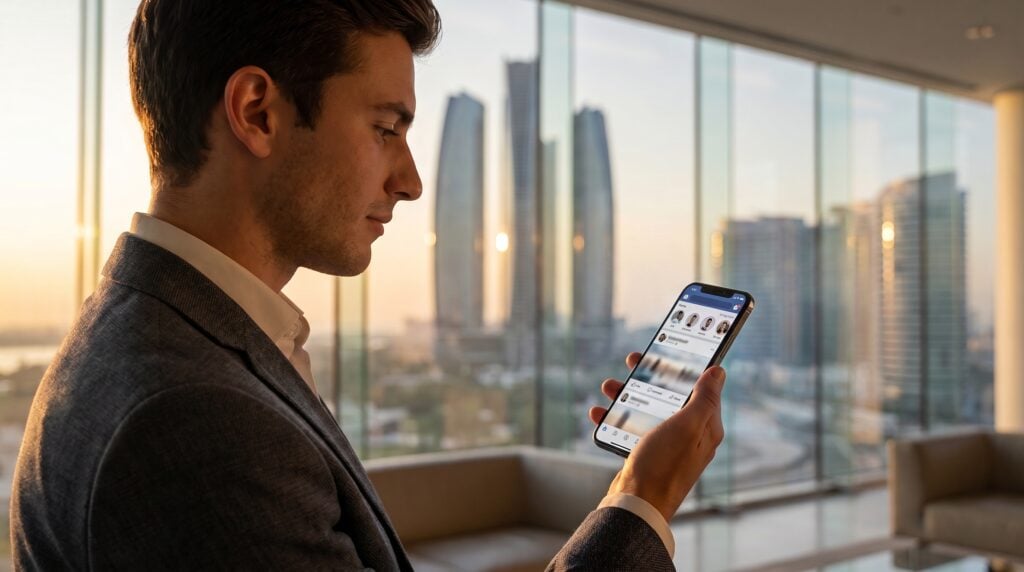 UAE professional using a smartphone with the Abu Dhabi skyline